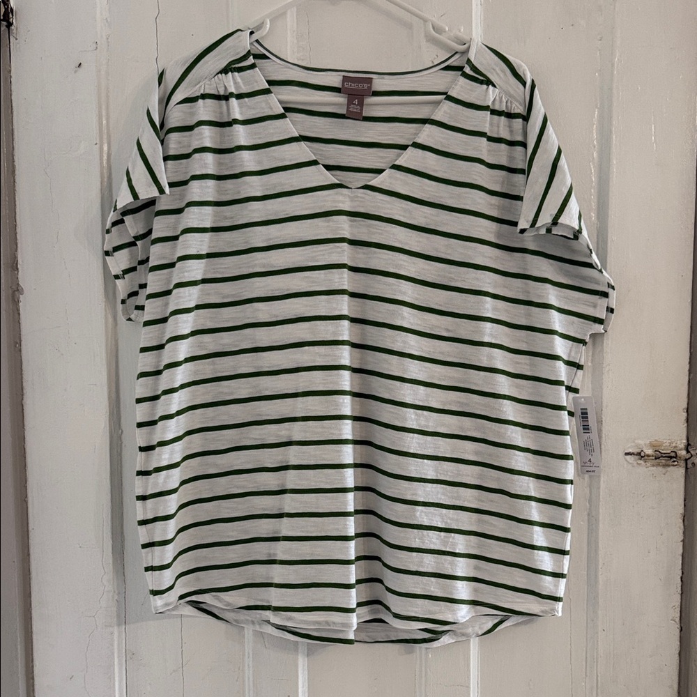 NWT - Chico's White and Green Striped V-Neck Short Sleeve Tee